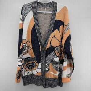 Free People August Knit Cardigan Peach‎ Black Gray Oversized Floral Sweater